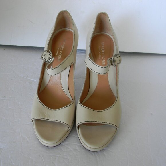 SERGIO ROSSI CREAM/IVORY LEATHER WOOD HEEL OPEN TOE MADE IN ITALY HEELS SZ 35.5 - Picture 2 of 8